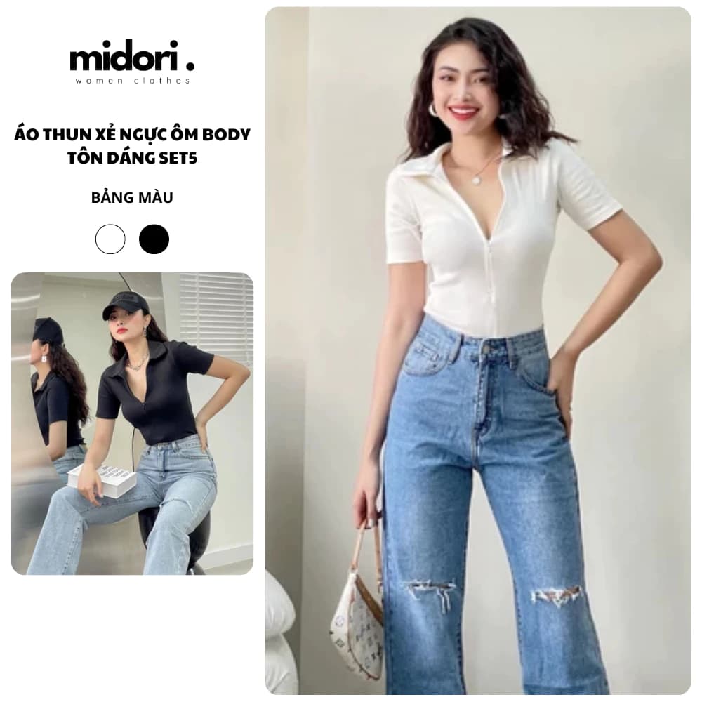 Áo Thun Nữ Form Ôm Chất Thun Gân Có Bigsize Áo Kiểu Nữ Xẻ Ngực Ôm Body Tôn Dáng Midori Shop SET5
