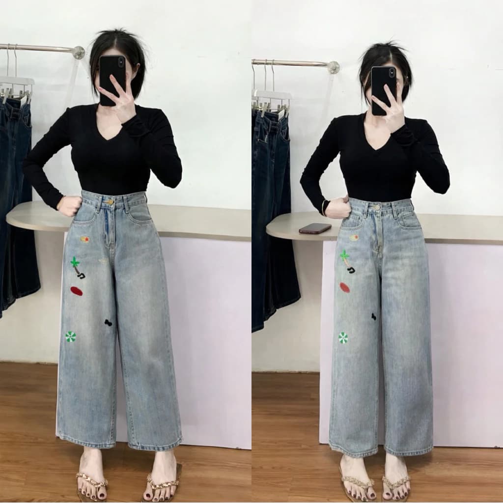 Quần jean nữ ống suông rộng QC thêu nấm dài 87cm + 97cm size XS/XL Shop Nhí ( 7226 )