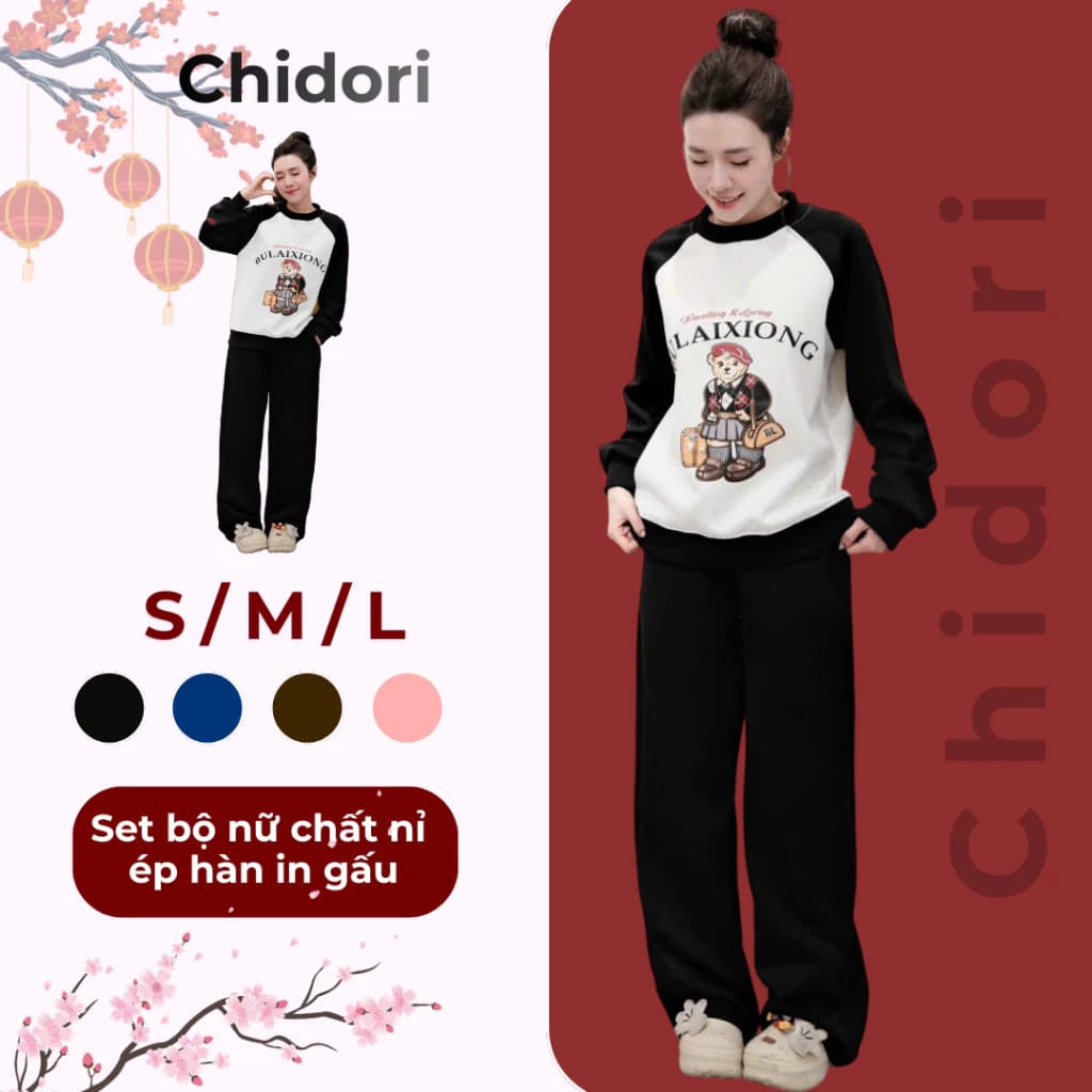 ( Deal Tết 2026) Set Bộ Nỉ Nữ Chidori In Gấu Gồm Áo Sweater Và Quần Dài Ống Rộng Chất Liệu Nỉ Hai Da logo in 5d
