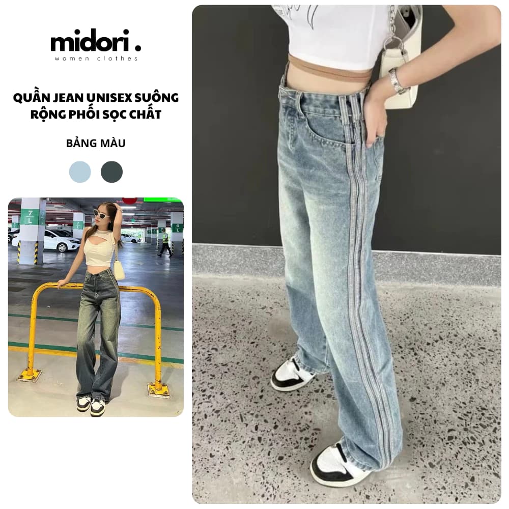 Quần Jean Ống Rộng Phối Sọc Unisex Midori Shop Quần Bò Nữ Ống Suông Cạp Cao Cá Tính CN08