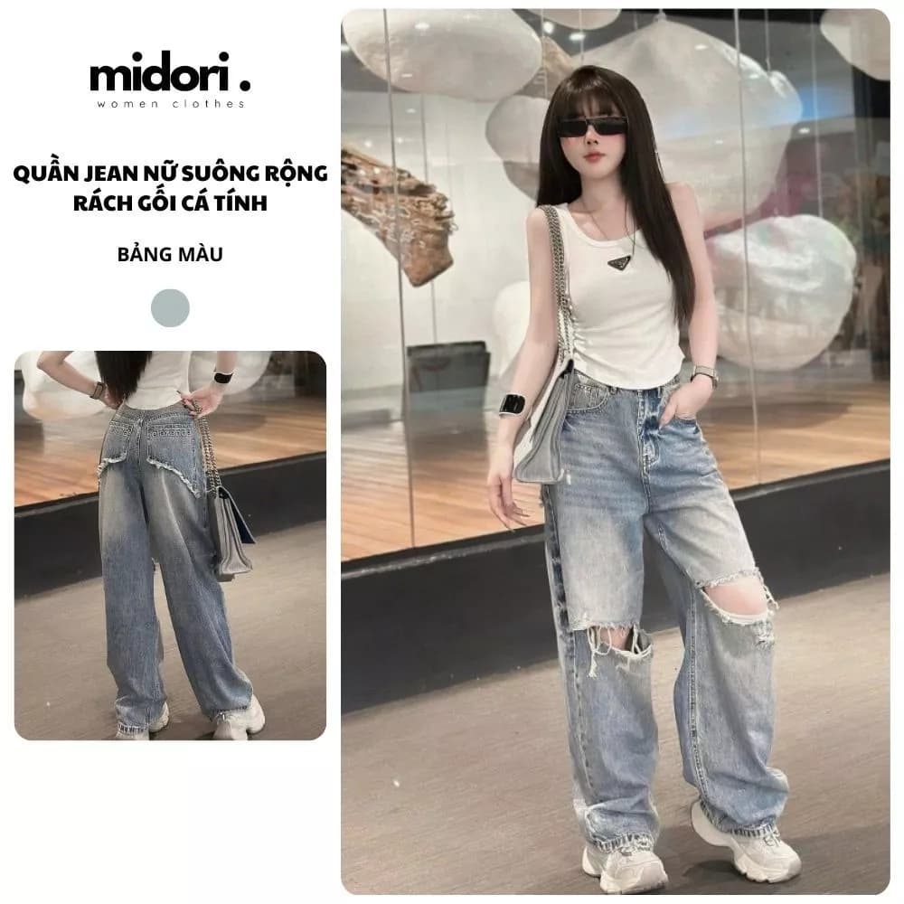 Quân jean ống rộng chât rách gối cá tính, Quần bò ống rộng dáng suông cạp cao phong cách hiphop KN02