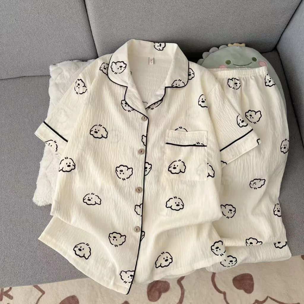 [Sẵn] Bộ ngủ pyjama áo ngắn quần dài mặc nhà nhiều hoạ tiết chất đũi 409
