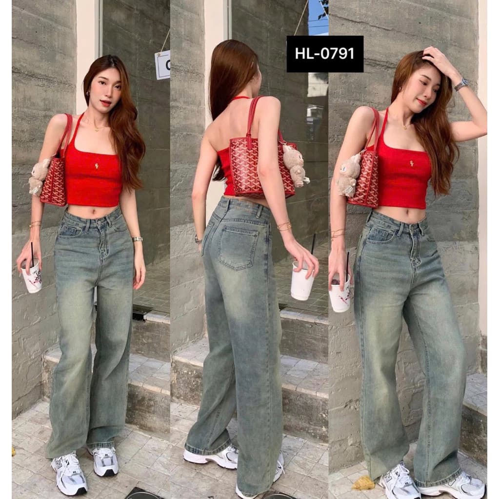 (Dài 100cm) Quần jean nữ cạp cao ống suông màu xanh bụi