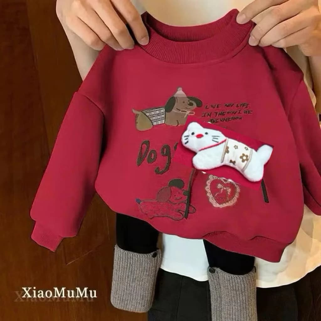 Bộ nỉ đỏ quần zip lông đen cho bé gái chất vải nỉ 2 da dày dặn mềm mịn