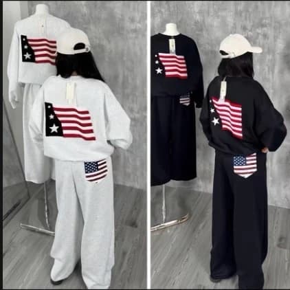 Sét Áo Nỉ Cổ Tròn In Cờ Mỹ Giả Thêu Cực Đẹp Phối Quần Dài Túi Lá Cờ Unisex Nam Nữ From Rộng Hottrend 2026