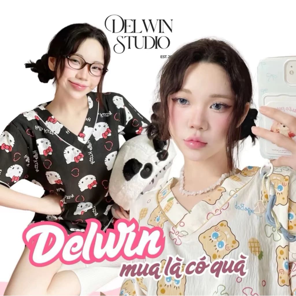 [ COTTON MÂY - 𝑫𝒆𝒍𝒘𝒊𝒏 𝑺𝒕𝒖𝒅𝒊𝒐] ĐỒ BỘ NGỦ CỘC CỔ V QUẢNG CHÂU NHIỀU HOẠ TIẾT