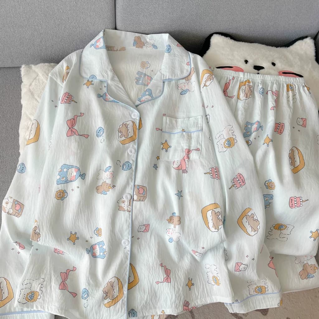 Đồ Ngủ Nữ Pijama Cotton Mây Cao Cấp - Bộ Ngủ Dài Tay Họa Tiết Gấu Vintage Dễ Thương, Vải Bông Vân Mây Mềm Xốp Thoáng Khí