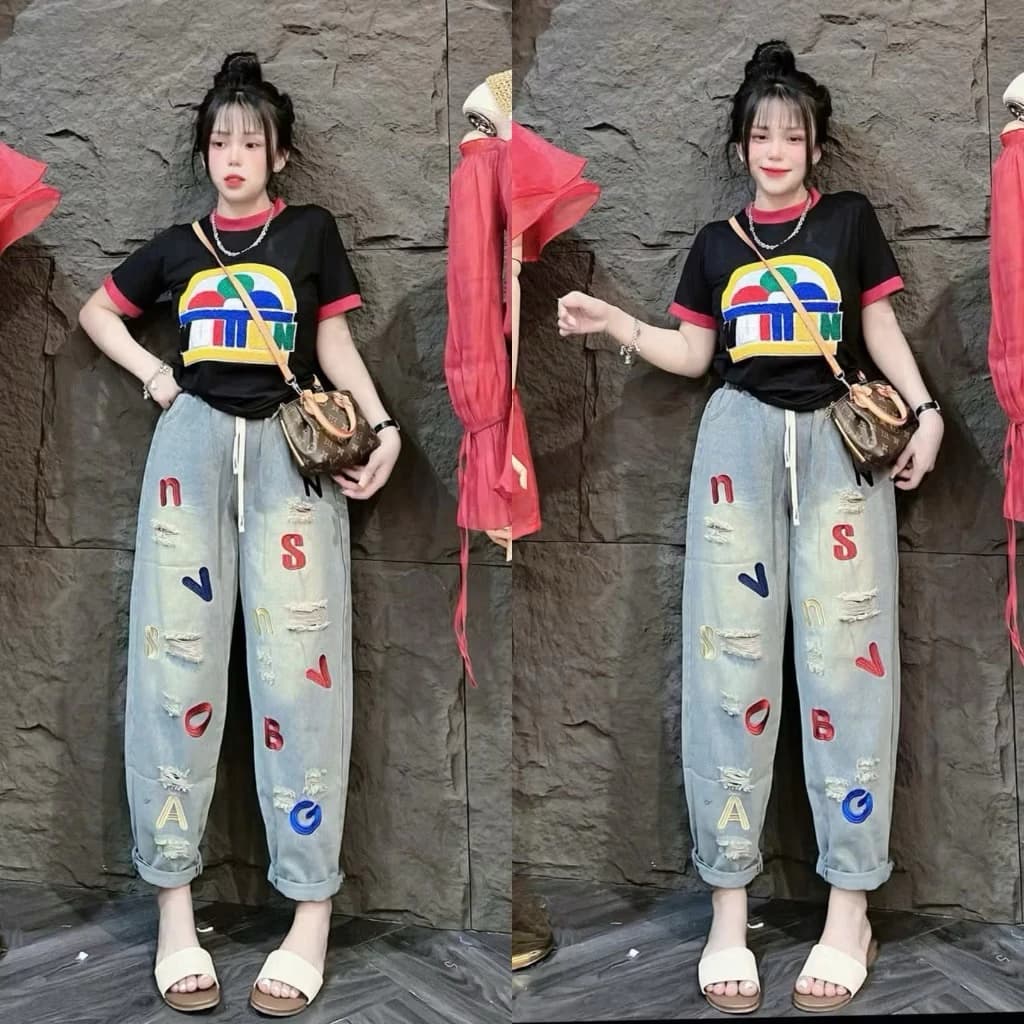 Quần Jean Bagyy Nữ thêu chữ hàng QC siêu đẹp có bigsize