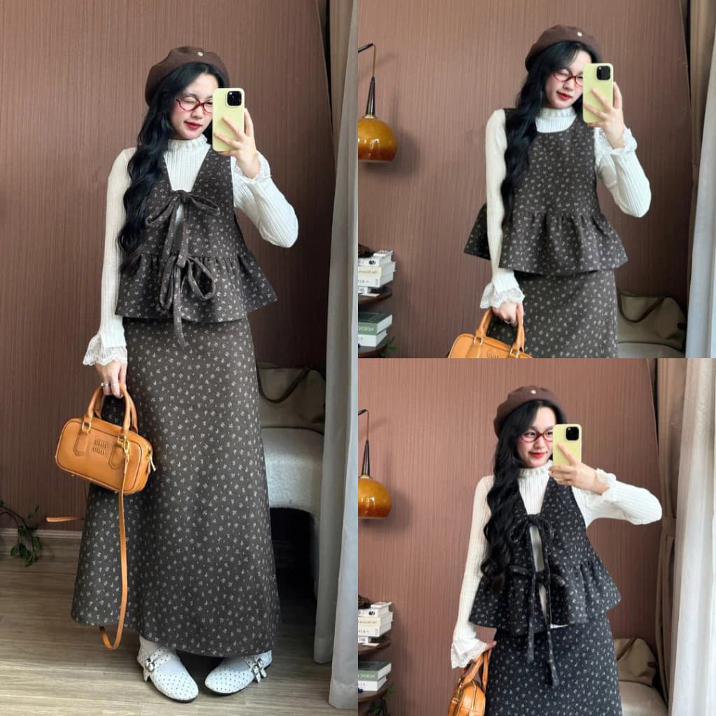 (Hàng Sẵn, L1) Set Yếm Hoa Nhí Cột Nơ Mix Chân Váy Xoè Midi Dạ 2 màu Nâu,Đen [Ko Kèm Áo Trong] siêu xinh-Dành Cho Nữ