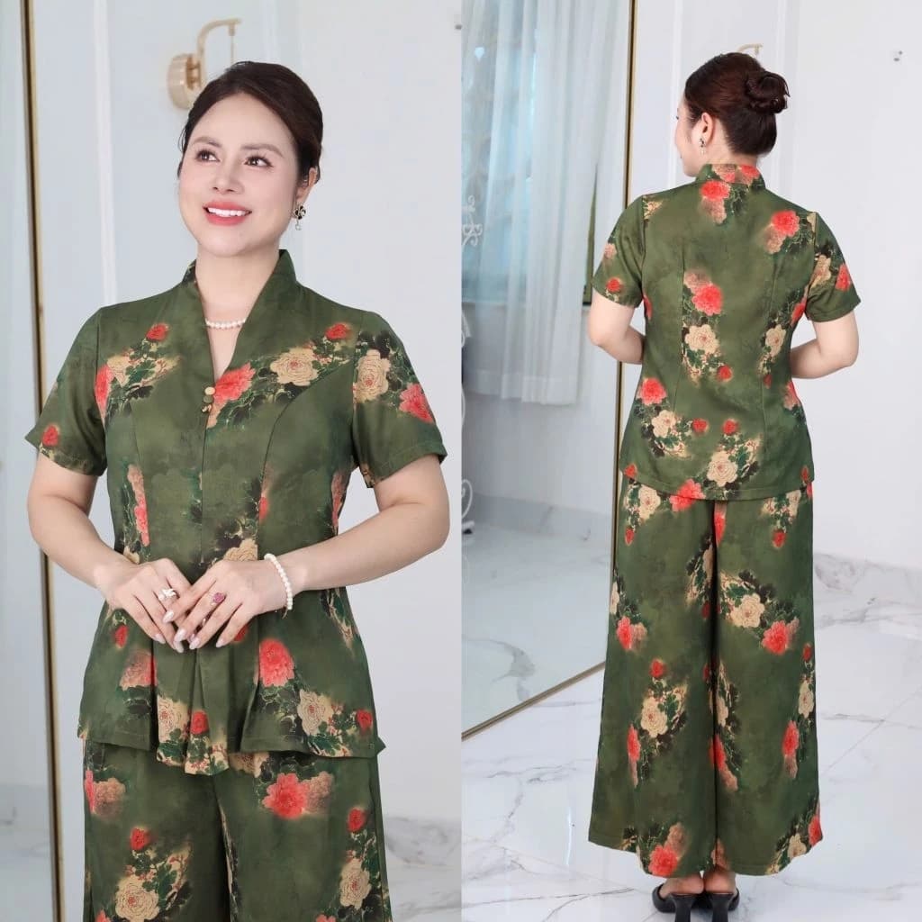 Set đồ bộ trung niên cách điệu cho mẹ, áo cỏ cổ, quần ống rộng, quần giả váy chất lụa nhập Ms30