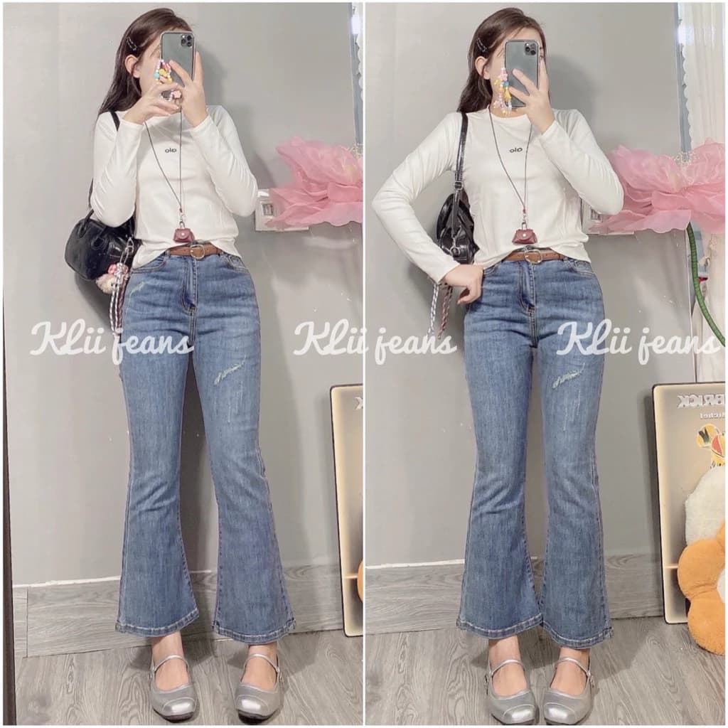 🌷Xinh🌷Quần jeans ống loe lỡ rách nhẹ lai cuốn (9 tấc)🌷 KLii jeans sll