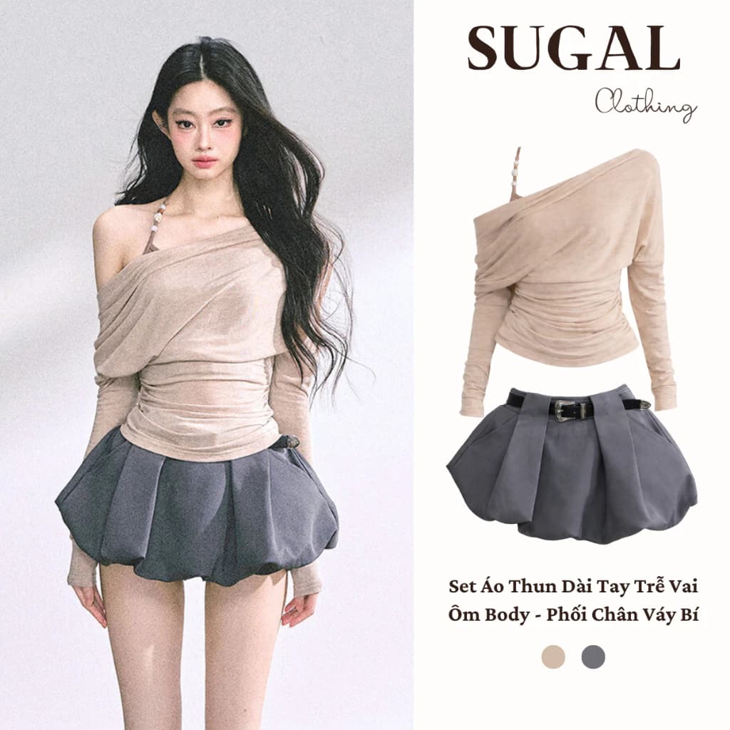[COMBO 2 ÁO] SUGAL Áo Thun Dài Tay Nữ Trễ Vai Kèm Áo Hai Dây Cotton Co Giãn Mềm Mại Ôm Body Thu Đông| TOP NU 284 + CV096