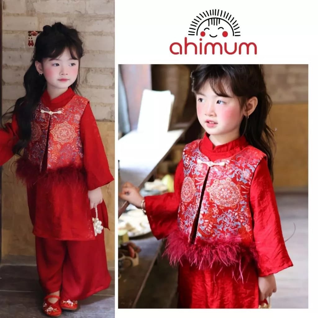 Áo dài bé gái Linh Hoa tơ song ánh kim kèm gile gấm họa tiết hoa mây cho bé gái 1–10 tuổi FULL SET