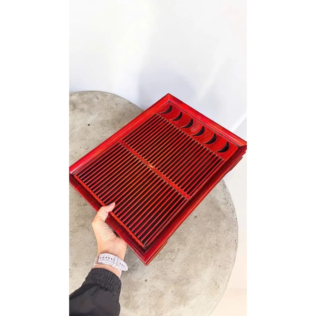 Combo khay đựng mứt bánh kẹo và khay ấm chén trà nhựa vân gỗ dày dặn sang trọng - Brand Minh Hải