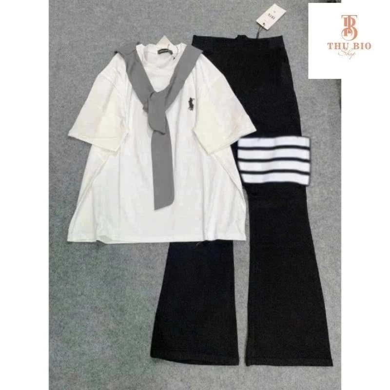 Sét Áo Babytee < Ko Có Khăn > In Logo Ngựa Giả Thêu Phối Quần Dài Ống Loe 4 Vạch Cá Tính Mặc Đi Chơi Sang Chảnh