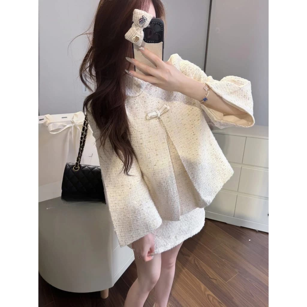 LYN LANIE- SET DẠ CHOÀNG ĐÍNH NƠ TAY RƠI MIX CHÂN VÁY DẠ NGẮN 13