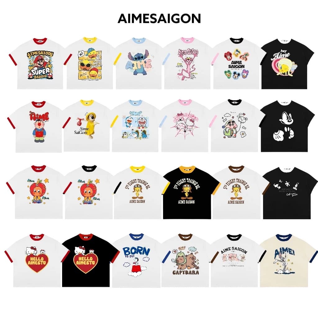 [AHH01 Ver1] Áo Thun Boxy AIMÉ Cotton 250gsm Cổ Tròn Nam Nữ " PHỐI MÀU CARTOON " Áo Phông Form Rộng Nam Nữ