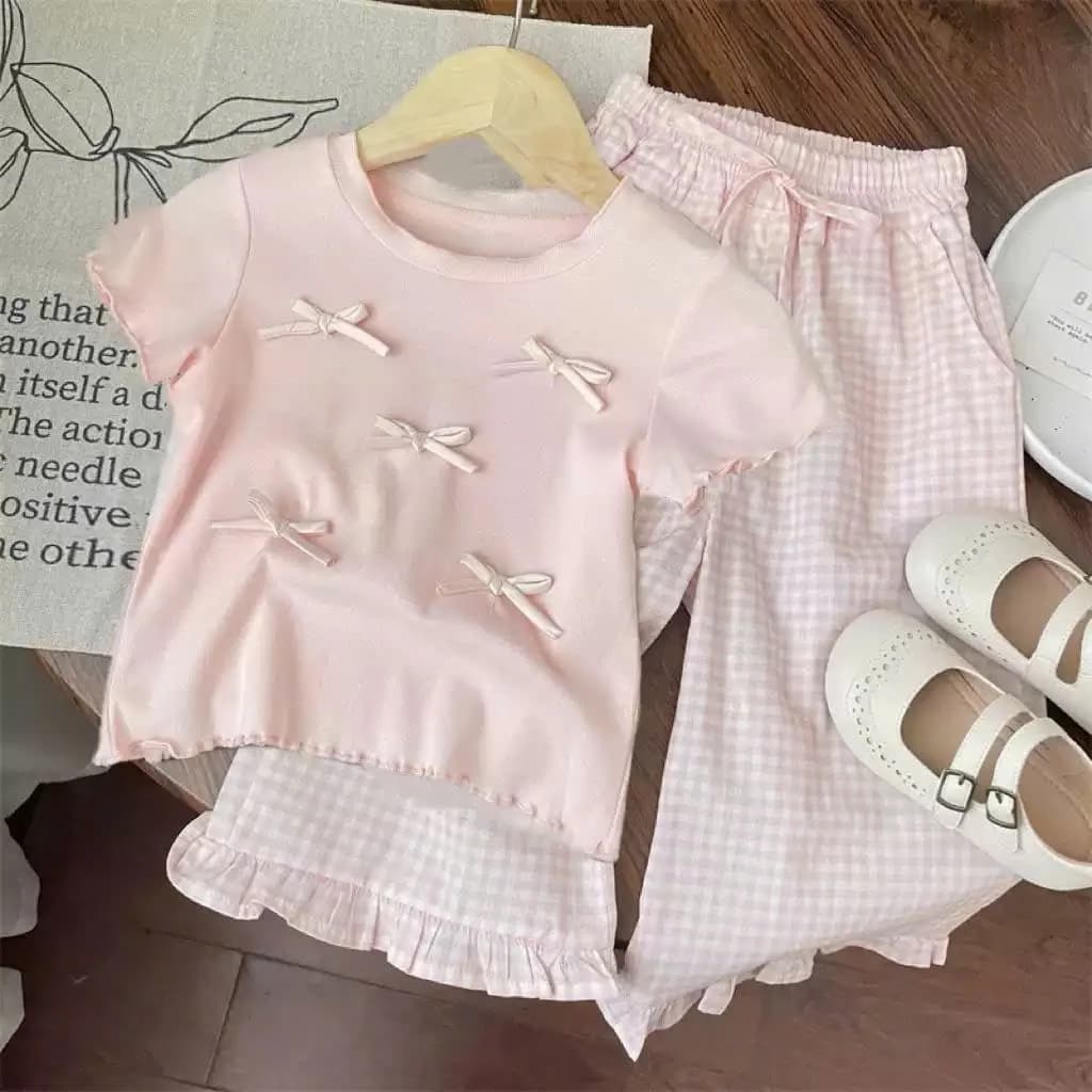 Bộ Quần Áo Kẻ Xuông Ống Loe Dễ Thương Đính Nơ Dành Cho Bé Gái Size  13-44kg ,Chất Liệu Mềm Mịn (VŨ KIDS)