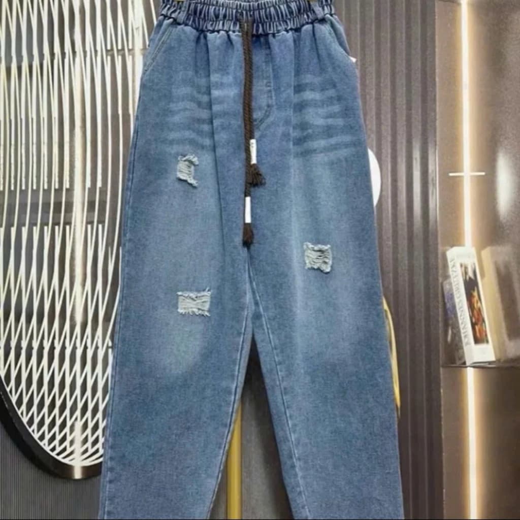 Quần Jean Baggy nữ có trơn và rách cạp chun lưng cao mặc thoải mái Bigsize 78kg