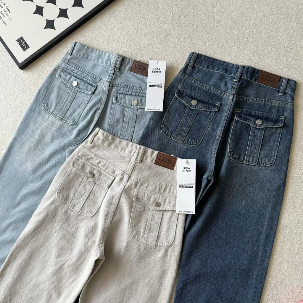 [Dài 88-93cm]Quần Jean Ống Suông TÚI NẮP Nữ LEDA Quần Bò Ống Suông Rộng Túi Hộp Nấm Lùn 1m5 Quần Rin 9 Tấc