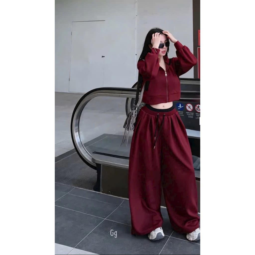 Nguyên bộ quần ồng rộng áo khoác nữ kéo khoá Tay Dài Thun Da Cá Kiểu Lửng Croptop Có Mũ Top Thể Thao Chạy Bộ Bốn Mùa