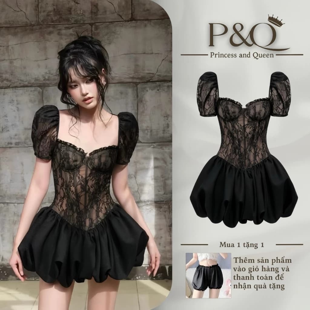 Đầm ren nữ P&Q cúp ngực eo corset dáng váy bí có lót trong phong cách tiểu thư Ballet Core | vd0094