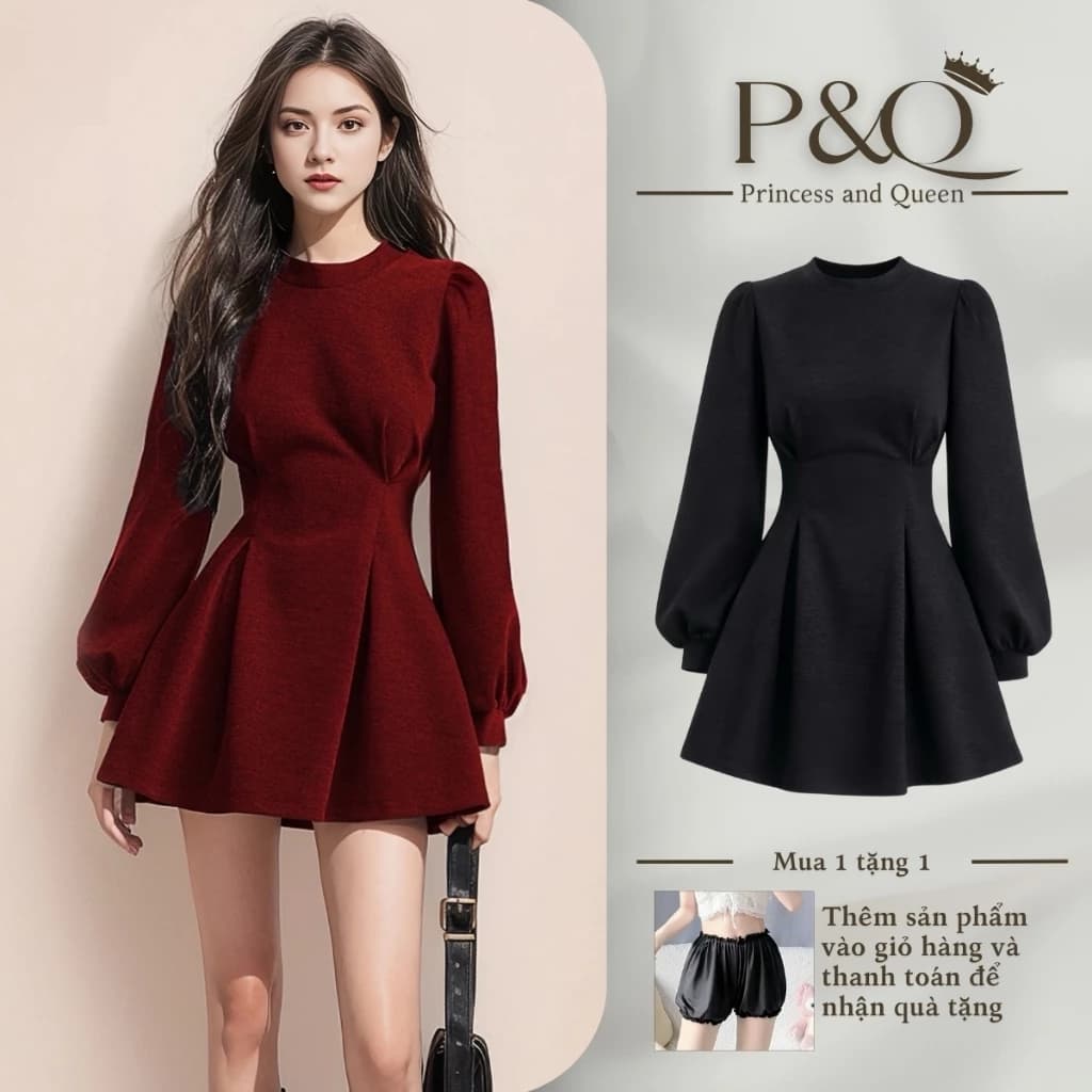 Đầm xòe nữ P&Q tay dài phồng cổ tròn phong cách Hepburn dáng tiểu thư sang trọng thanh lịch | vd0104