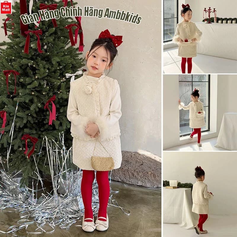 NEW(10-50kg) Set Bộ Áo Khoác Gile + Chân Váy vải nhung có Lót Lông CỰC ẤM Đính Kim Sa Lấp Lánh Cho Bé Gái, Hãng Ambbkids