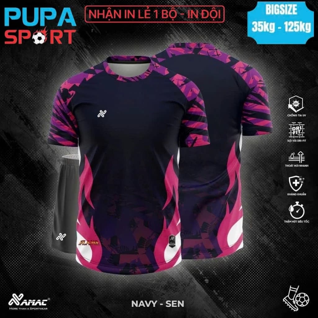 NEW [BIGSIZE 35 - 125kg] Bộ Đồ Đá Banh Không Logo Amac Flame - XANH NAVY - HỒNG SEN , Vải Mè Lục Giác Cho Nam Nữ