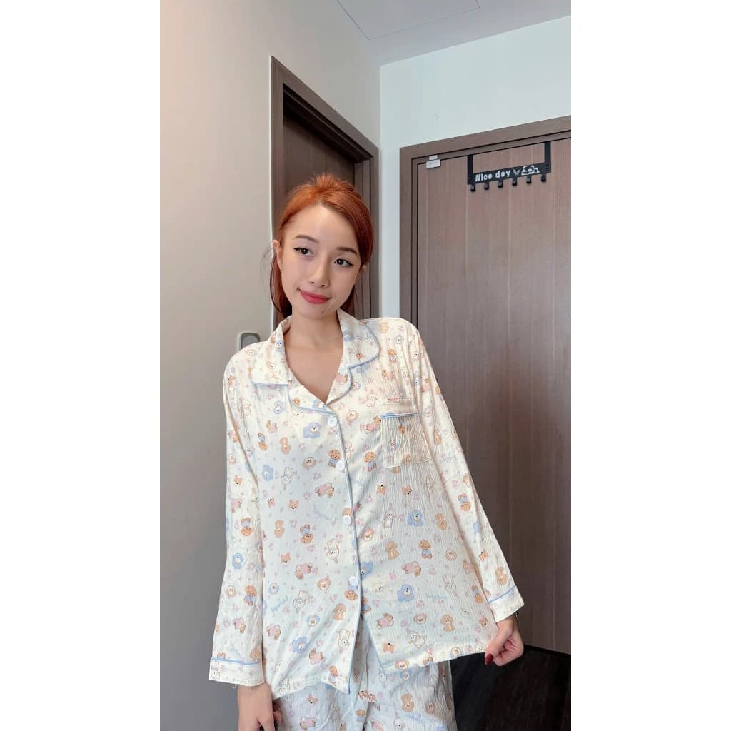 Đồ Bộ Pijama Nữ Cotton Mây Cao Cấp - Đồ Mặc Nhà Dài Tay Vải Bông Vân Mây Mềm Mịn, Thoáng Khí (CuteBear)