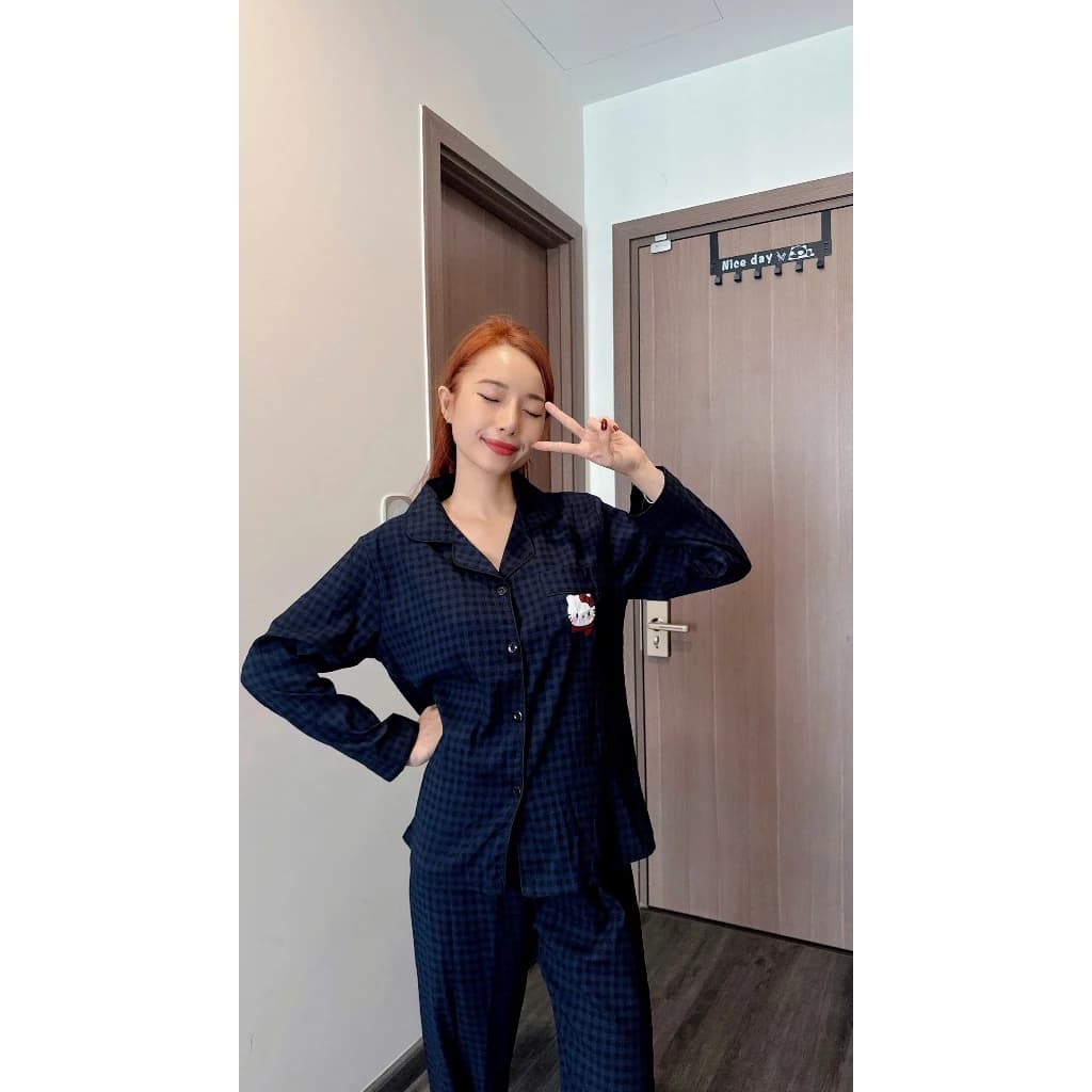 Đồ Bộ Pijama Nữ Cotton Mây Cao Cấp - Set Đồ Mặc Nhà Dài Tay Vải Bông Vân Mây Mềm Mịn, Thoáng Khí (Màu Tím Than)