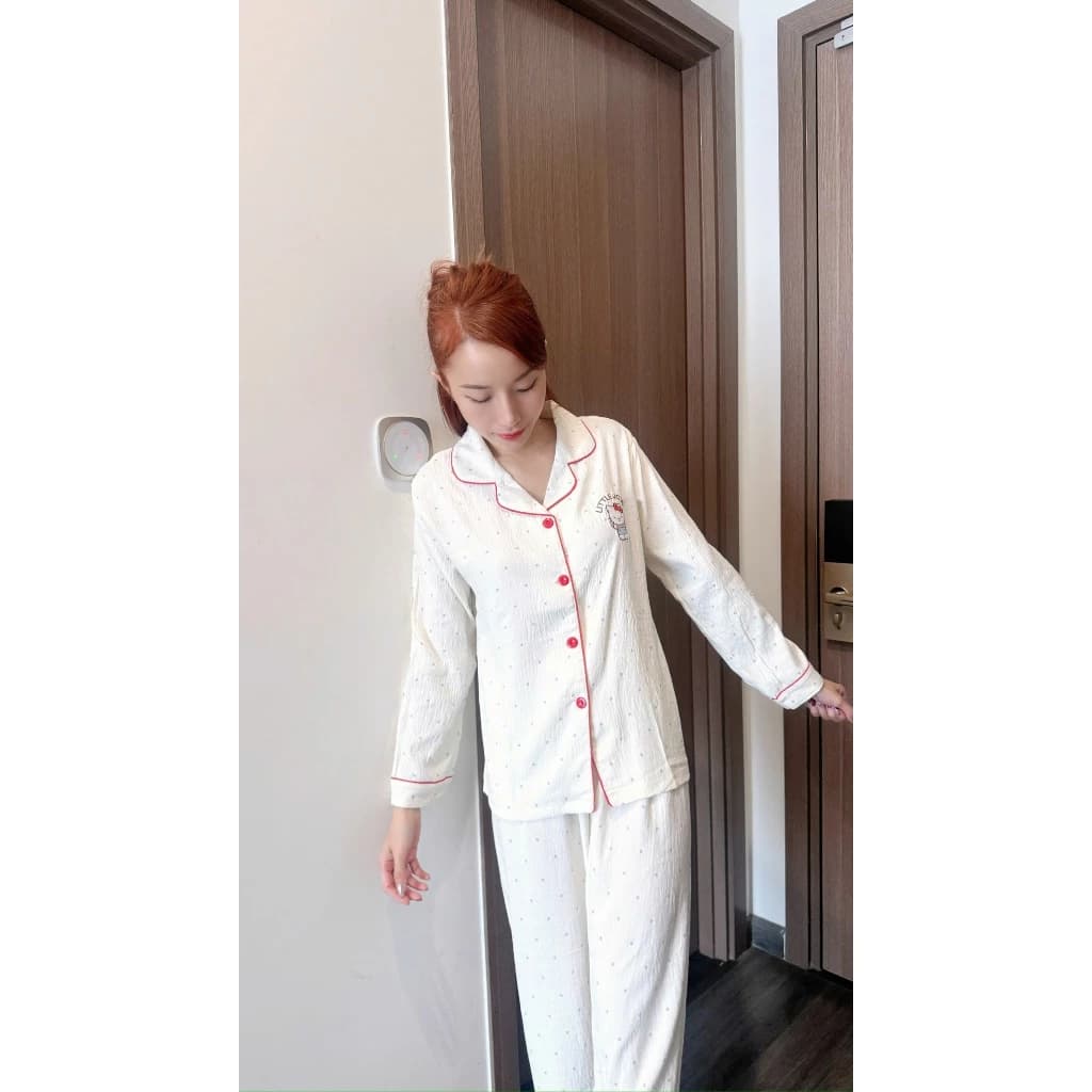 Đồ Bộ Pijama Nữ Cotton Mây Cao Cấp - Set Đồ Mặc Nhà Dài Tay Vải Bông Vân Mây Mềm Mịn, Thoáng Khí (Màu Trắng/Sữa)
