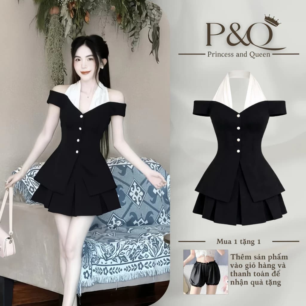 Set váy nữ P&Q áo cổ yếm phối chân váy mini xếp ly chất liệu goothun sang chảnh có bigsize | set0016