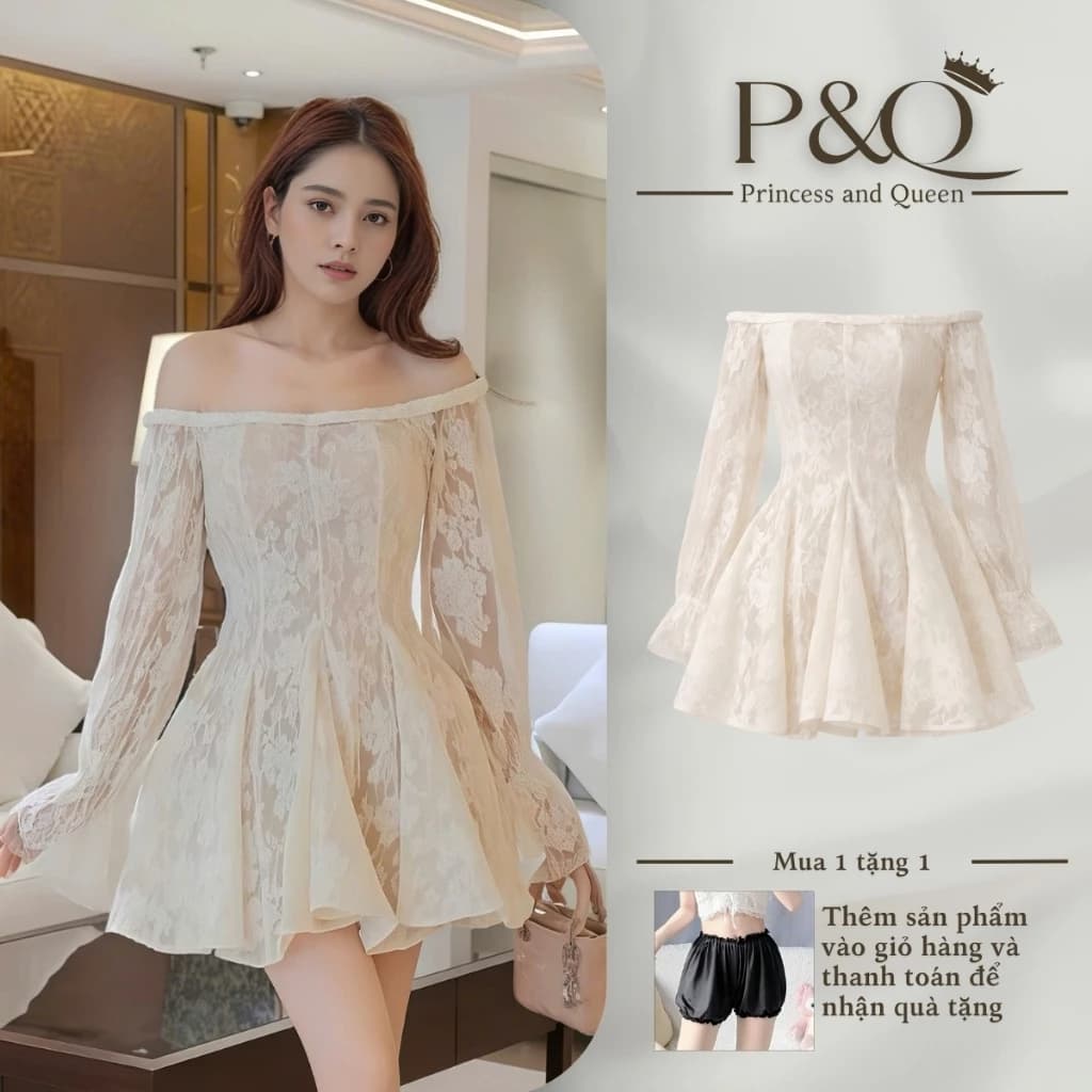 Đầm xòe mini P&Q trên đầu gối vải ren cao cấp tay dài đi chơi dự tiệc đi biển dạo phố | vd0096