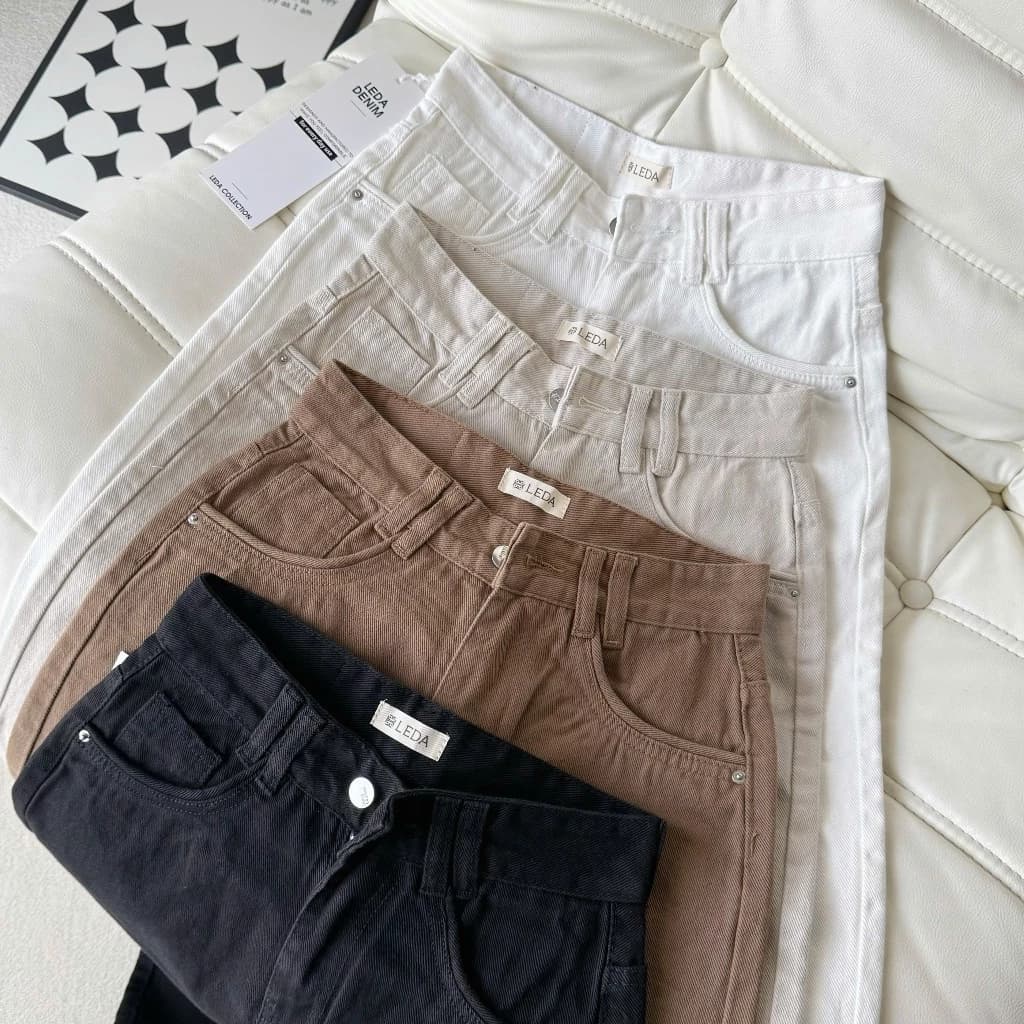[Dài 88-93cm]Quần Jean Ống Suông VIỀN TÚI Màu Nâu Be Trắng Đen Nữ LEDA Quần Bò Ống Suông Rộng Nấm Lùn 1m5 Quần Rin 9 Tấc