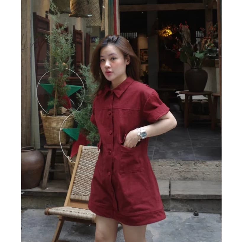 CANDY•LALASTUDIO• Váy kaki cổ đức cộc tay dáng xuông ngắn phối túi hộp cúc bọc cao cấp tiểu thư thanh lịch