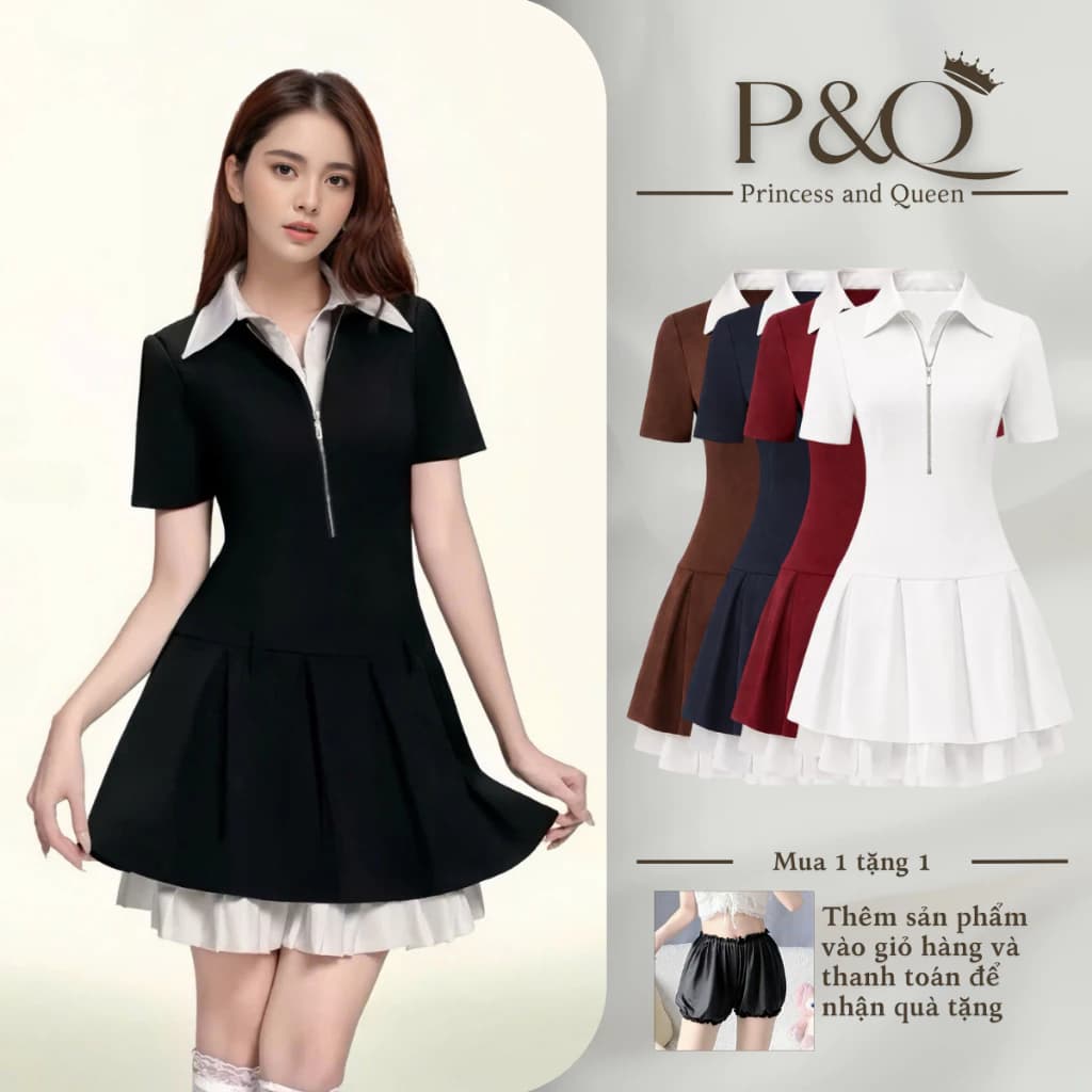 Đầm xòe nữ P&Q chân váy ngắn vải goothun cổ sơ mi hai lớp có bigsize | vd0032