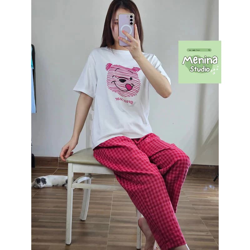Sét đồ nữ quần caro hồng sen MENINA_STUDIO, sét đồ mặc nhà sét đi chơi quần đũi caro lưng thun trẻ trung