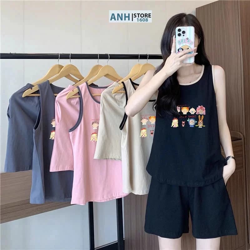 Bộ 3 lỗ mặc nhà nữ thun cotton siêu mát ANHSTORE , Bộ mặc nhà mùa hè dễ thương phong rộng thoải mái