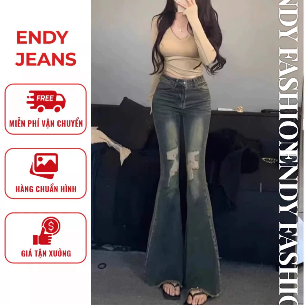 Quần jeans nữ ống loe cạp cao rách gấu cá tính, quần bò nữ màu xanh rêu thời trang trẻ trung ED48