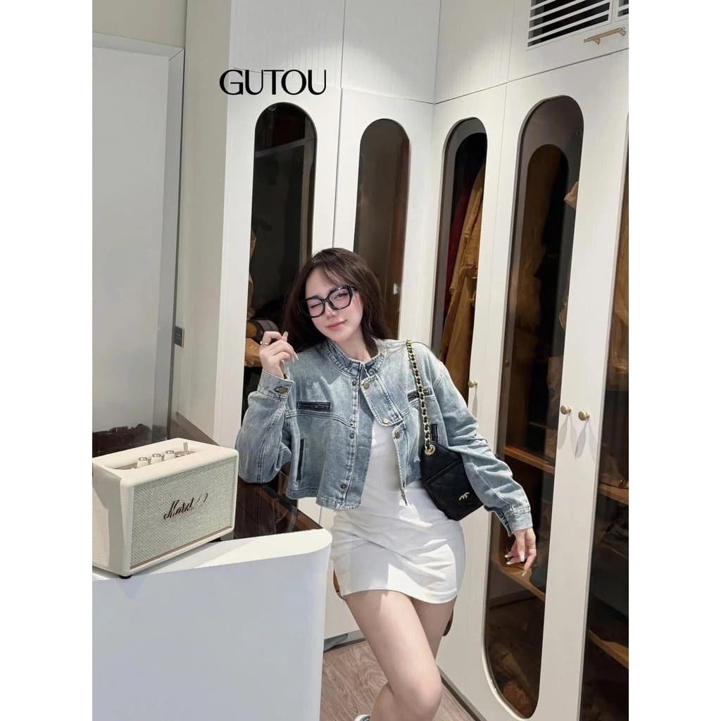 [ GUTOU ] Áo Khoác Jean Cổ Trụ Wash Nhạt G112