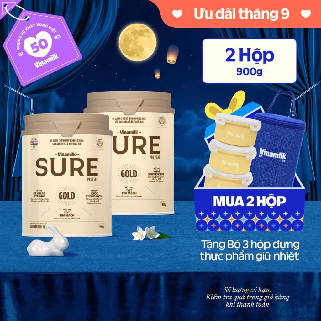 Combo 2 hộp Vinamilk Sure Prevent 900g (Hộp thiếc) - Sữa bột cho người lớn tuổi, bổ sung dinh dưỡng và tăng sức đề kháng