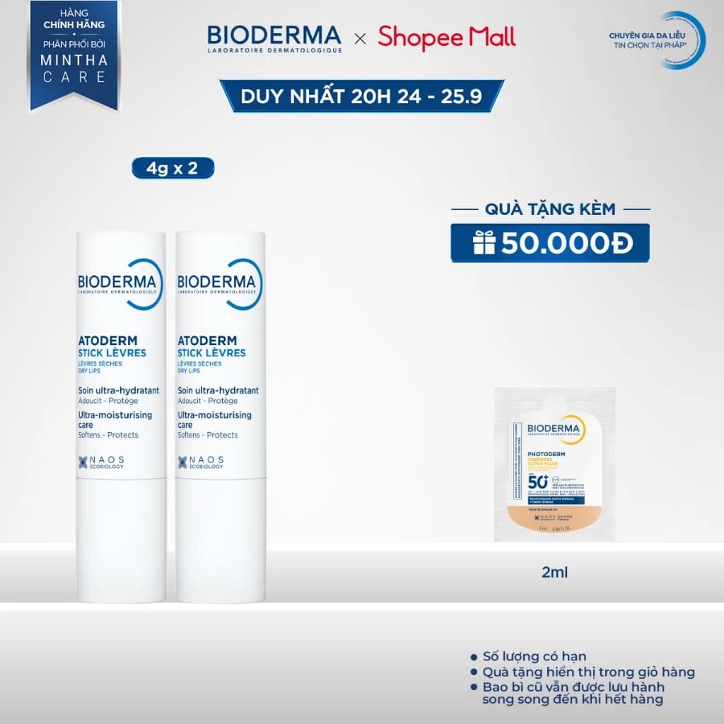 [BIODERMA] Combo son dưỡng môi khô nứt nẻ và tổn thương Bioderma Atoderm Stick Levres - 4g