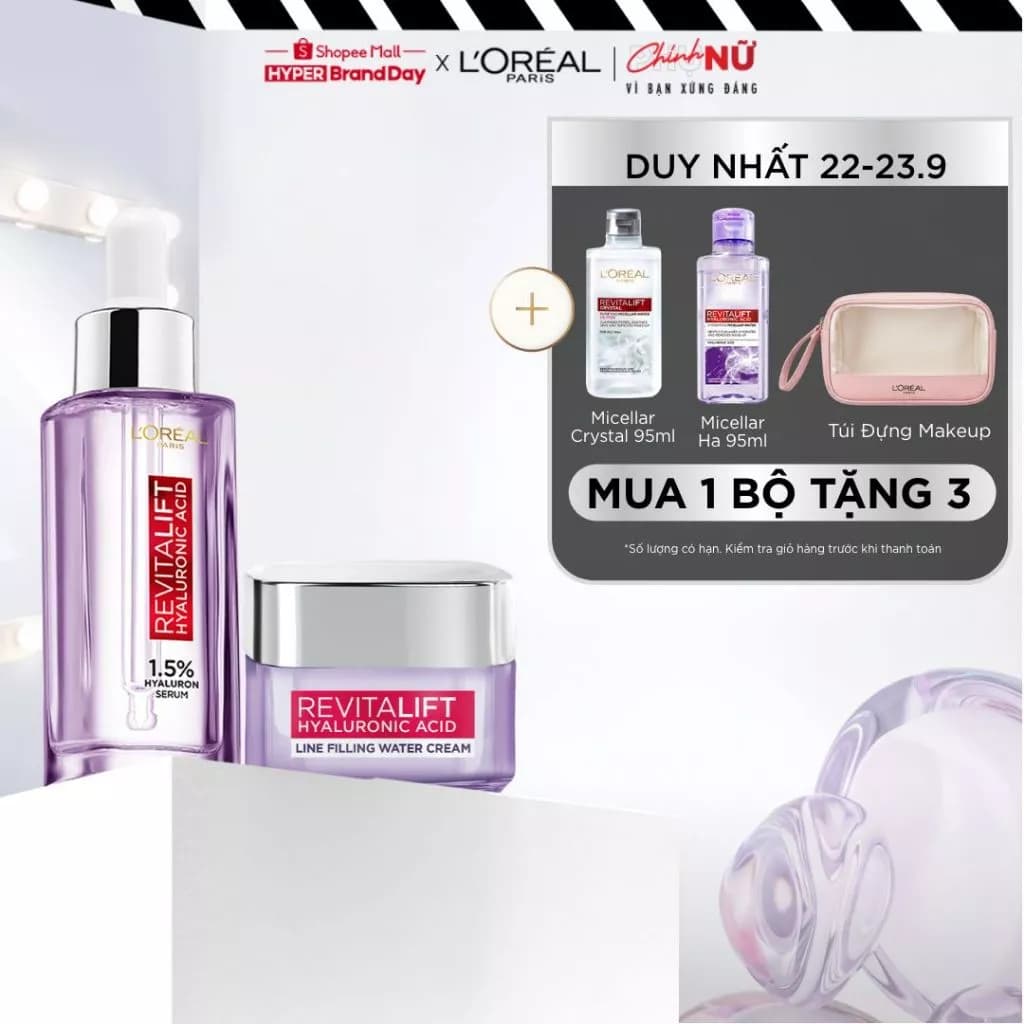 VB_Bộ chăm sóc da Serum HA 1.5% và Kem dưỡng siêu cấp ẩm, giảm nếp nhăn  L'Oreal Paris Revitalift HA (30ml & 50ml)