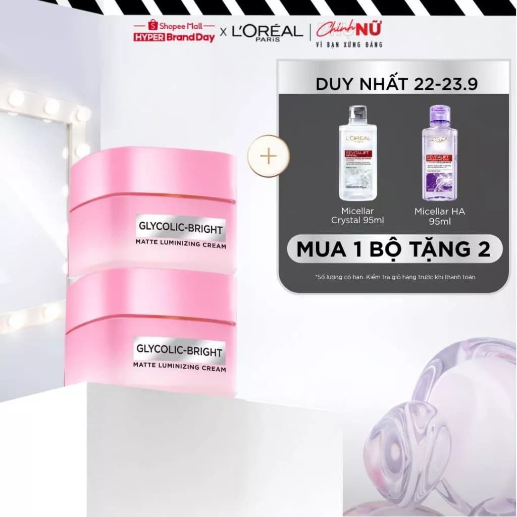 VB _ Bộ đôi kem dưỡng sáng da đột phá Melasyl làm mờ thâm mụn, nám L'Oreal Paris Glycolic Bright Matte Luminizing 50mlx2