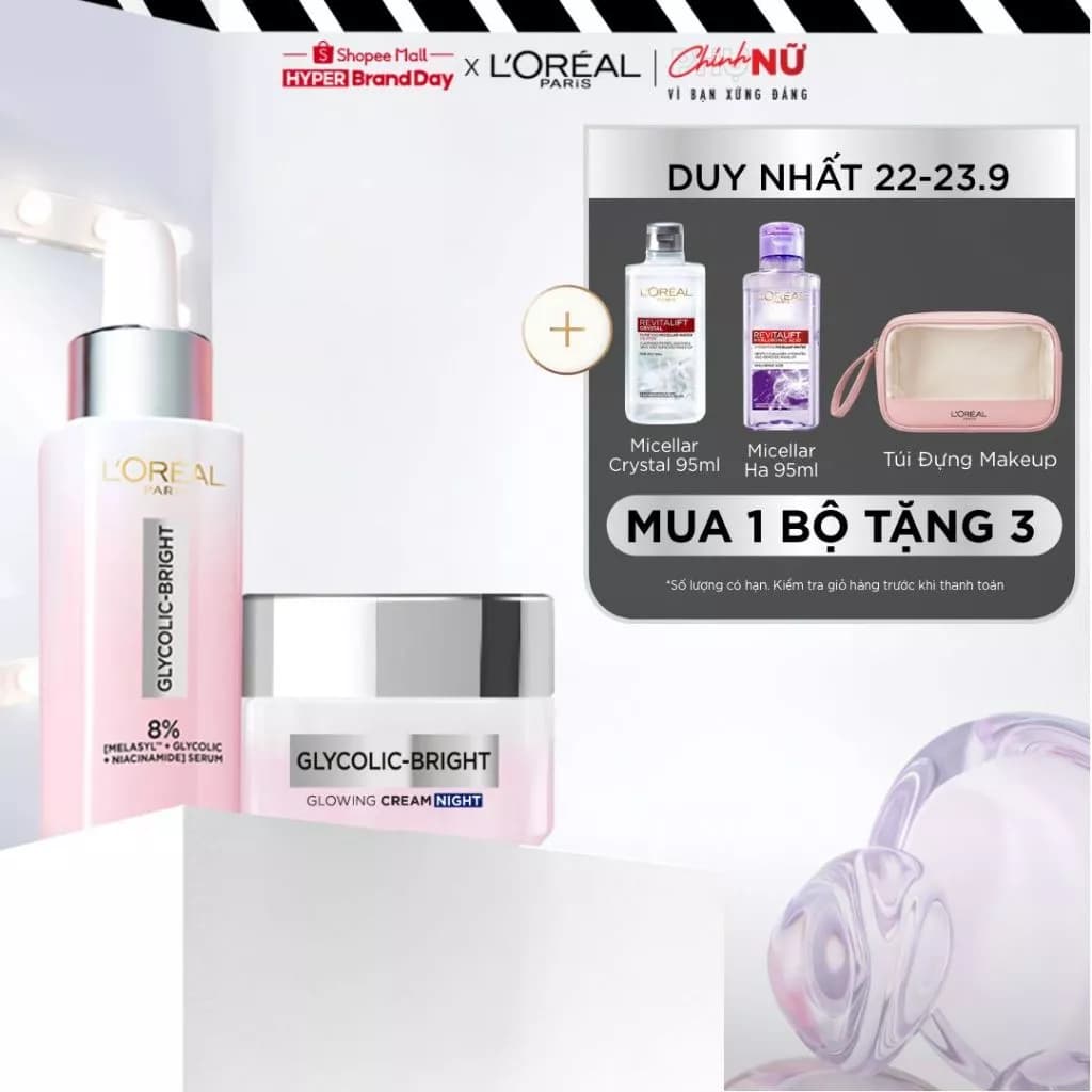 VB_ Bộ chăm sóc dưỡng sáng da, mờ thâm Serum Glycolic melasyl 8% 30ml & Kem đêm Glycolic Bright L'Oreal Paris 50ml