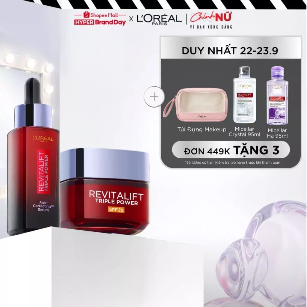 VB_Bộ dưỡng chất serum, kem dưỡng SPF25 peptides giảm nhăn, săn chắc da L'Oreal Paris Revitalift Triple Power 30ml, 50ml