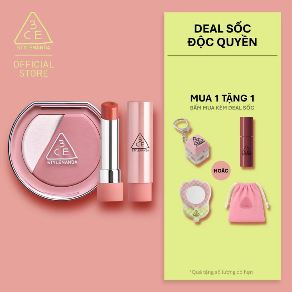 3CE Combo Phấn Má Hồng Blushlighter & Son Dưỡng Môi Glazy Lip Glow