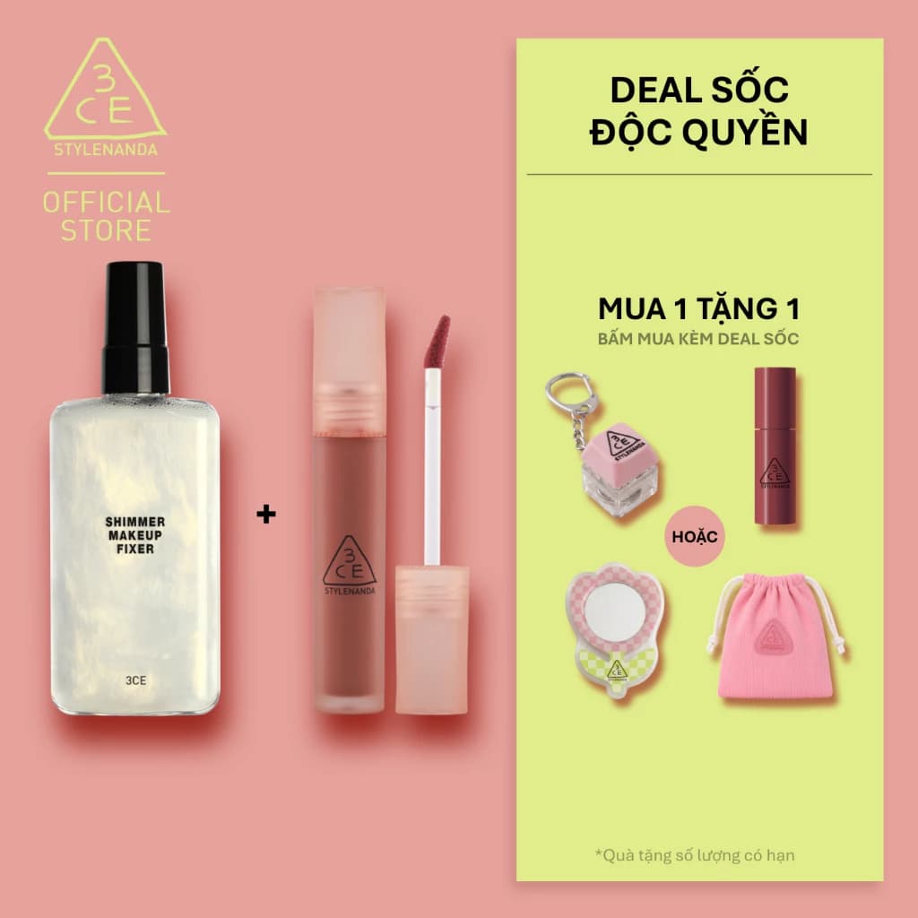 3CE Combo Son Blur Water Tint  & Chai Xịt Cố Định Lớp Trang Điểm Shimmer Make Up Fixer