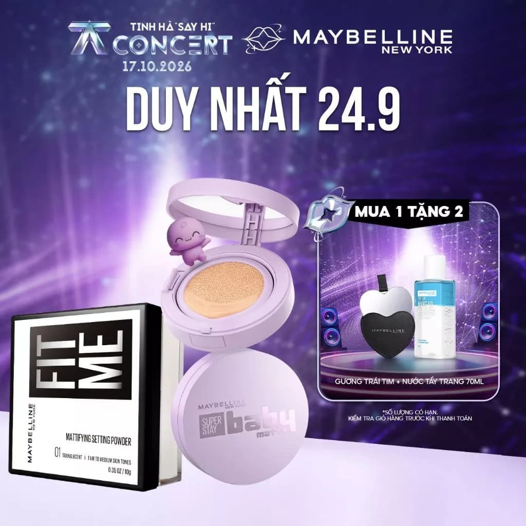 [Bộ trang điểm]Phấn nước Superstay Baby Matte Cushion và Phấn phủ bột FitMe Mattifying Setting Powder Maybelline NewYork